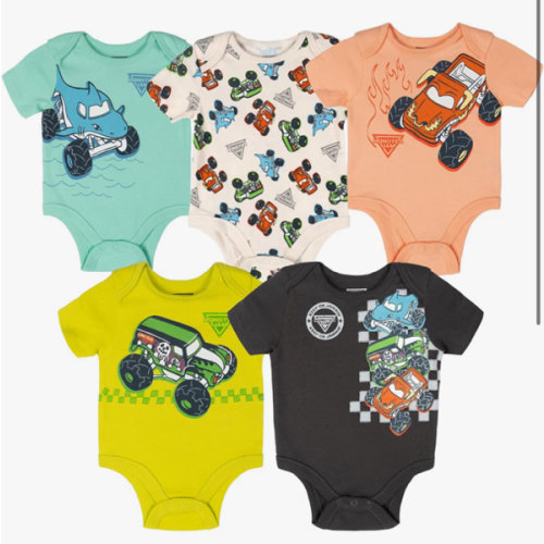 Monster Jam Baby 5 Pack Bodysuits Newborn to Infant Grave Digger El Toro Loco Megalodon