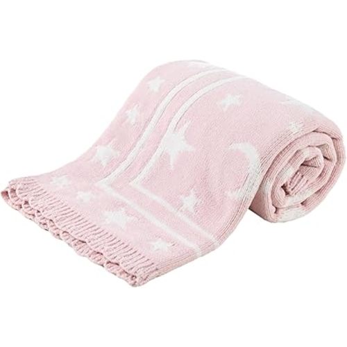 Berkshire Baby Blanket,Ultra-Plush Reversible Chenille Knit Toddler Blanket,Cute Pattern Nursery Crib Blanket,Ideal Baby Gift(30x40 Inches,Stars and Moon Border White-Pink)