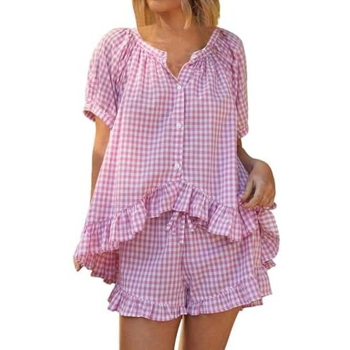 Womens 2 Piece Gingham Pajama Set Summer Outfits 2025 Cute Ruffle Pajamas Plaid Cotton Pjs Short Sleeve Matching Set