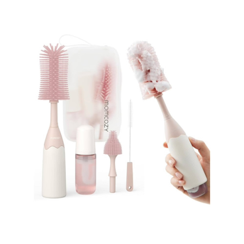 Momcozy Bottle Brush Kit, Innovative Push-Press Design for Better Cleaning - Baby Bottle Cleaner Brush for Baby Bottle, Breast Pumps, Nipples, and More - Can Generate Foam for Better Cleaning, Pink