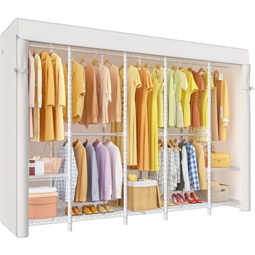 ULIFHOME H50C Extra Large Clothes Rack with Cover, Freestanding Portable Closet, Covered Clothing Racks for Hanging Clothes, Heavy Duty Garment Rack, Wardrobe Closet with White Cover Max Load 1350 Lbs