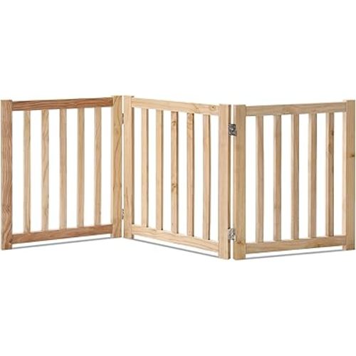 LZRS 3-Panel Wooden Free Standing Foldable Dog Gate Indoor – 24" High,Step-Over Safety Pet Gate for Doorways, Stairs, Hallways, Indoor Dog Barrier for Small to Medium Dogs & Puppies, Natural