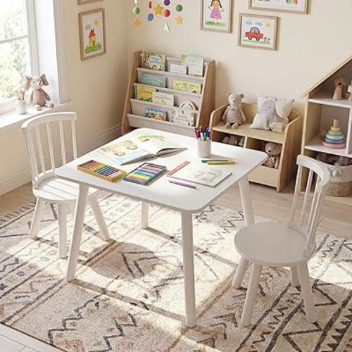 KOTEK Kids Table and Chairs, Windsor Toddler Chair with Spindle Back & Pine Wood Legs, Round Edge Design, Home/Daycare Use, Toddler Table and Chair Set for Art & Crafts, Drawing, Reading (White)