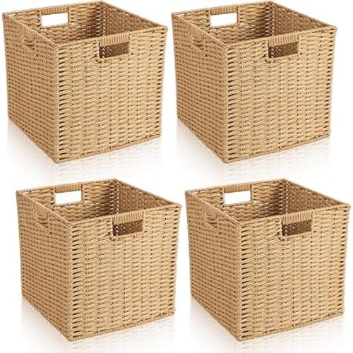4 Pcs Wicker Storage Baskets 13 x 13 in Cube Storage Bin Organizer Camel Square Foldable Wicker Baskets for Shelves Organizing Decor Laundry Pantry Toys