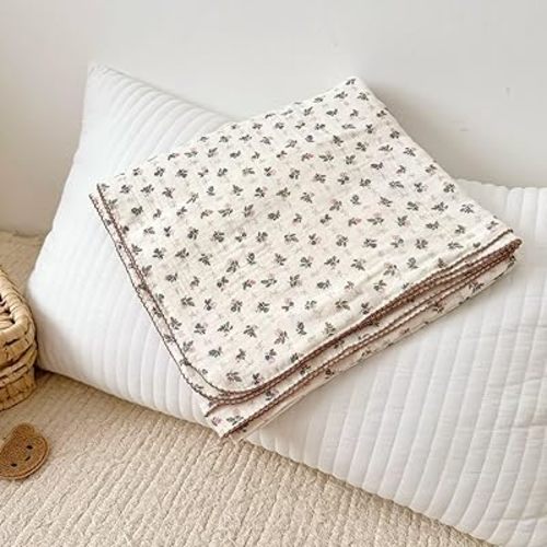 BuLuTu Muslin Cotton Baby Quilt 47x51 Inch, Bellflower Pattern Nursery Blanket for Crib/Toddler Bed, Cottage Floral Baby Blankets, Soft Lightweight Summer Toddler Nap Quilts