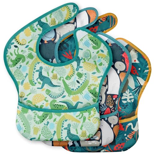 3 Pack Waterproof Baby Bibs for Eating, Mess Proof Feeding Bib | Lightweight & Wipeable Toddler Food Bibs, Large Catch-All Pocket, Food-Grade Baby Eating Essentials Gifts, Green Animals