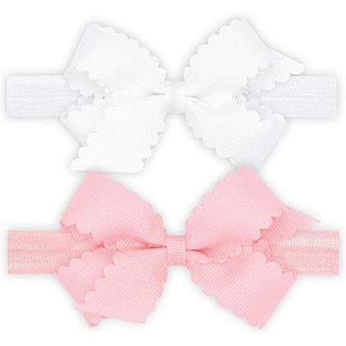 Wee Ones Girls Two Mini Scallop Bows With Bands, Mini, White/Pink