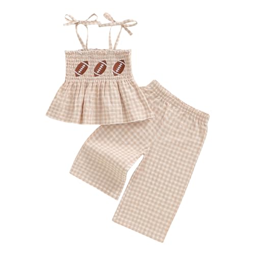 VISGOGO Toddler Baby Football Girl Outfit Bow Smocked Spaghetti Strap Plaid Tops Pants Embroidery Football Baby Girl Clothes