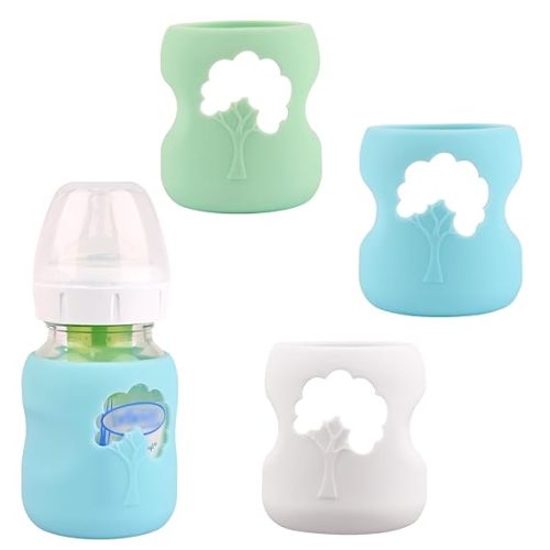 3 Pack Silicone Sleeves for Dr. Brown's Natural Glass Baby Bottles, Anti Breakage Baby Bottle Holder, Compatible Dr. Brown Wide-Neck Glass Baby Bottles 5 oz (White+Blue+Green)
