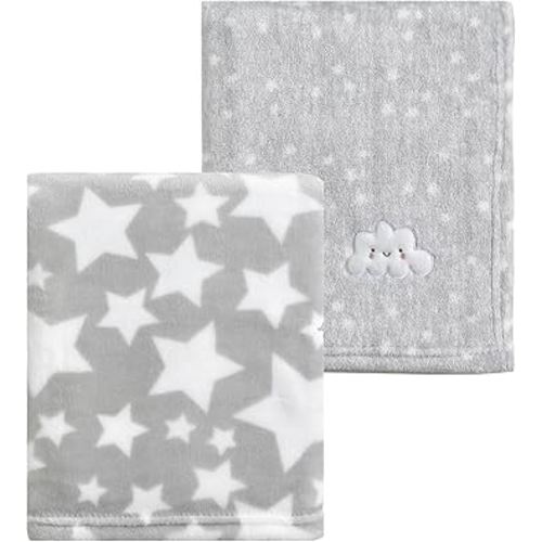 CREVENT 2Pcs 30''X40'' Cute Cozy Fluffy Warm Baby Blankets for Infants Toddlers' Bedding Crib Cot Stroller - Grey Cloud + Star