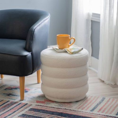 Linon 16.25" Capron Faux Shearling Round Ottoman White: Bohemian Upholstered Tufted Seat, Solid Wood Frame, 175 lb Capacity