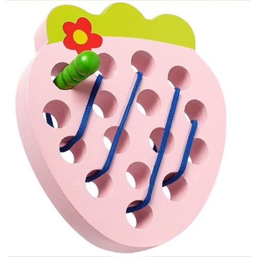 Wooden Lacing Toys for Toddlers, Baby Toys Strawberry Threading Learning Fine Motor Skills,Montessori Sensory Educational Wooden Block Puzzle Travel Gift for 1 2 3 Years Old Baby Boys Girls