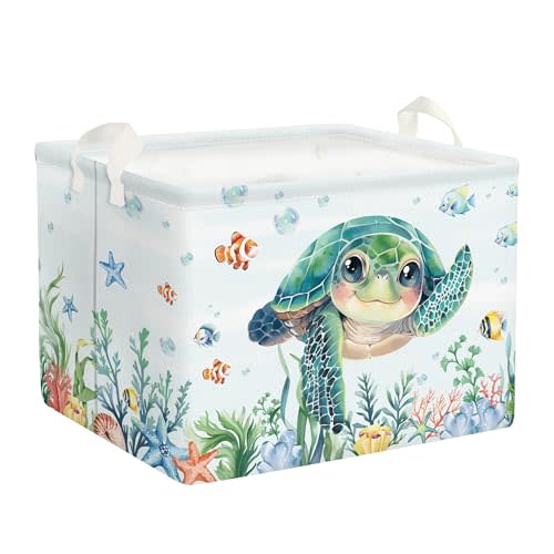 Clastyle Large Fish Sea Turtle Baby Basket Ocean Coral Seaweed Starfish Toy Book Shelf Basket Waterproof Pool Toy Beach Towel Storage Bin Collapsible Dirty Clothes Hamper, Blue, 40*30*30 cm