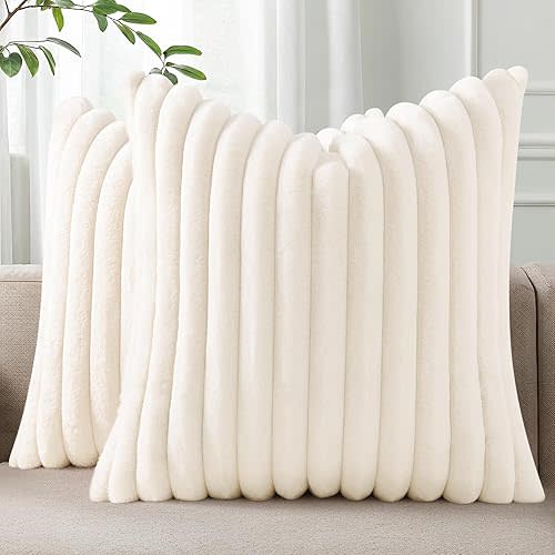 Pallene Faux Fur Plush Christmas Throw Pillow Covers 18x18 Set of 2, Luxury Soft Fluffy Striped Decorative Pillow Covers for Sofa, Couch, Living Room, Cream White