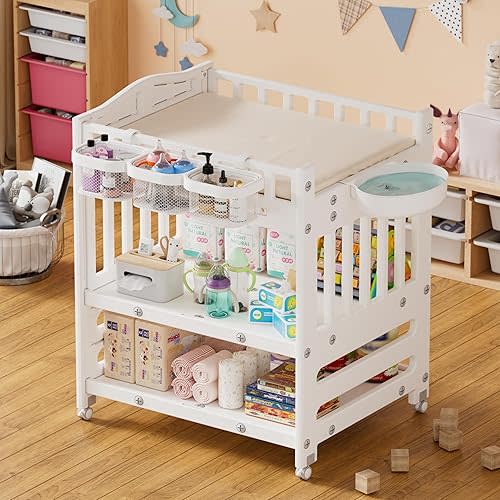 PAKASEPT Changing Table Dresser, Waterproof Diaper Changing Station w/Wheels, Storage Basket, Shelves, Small Basin& Trash Bin, Mobile Nursery Organizer for Newborn Infant