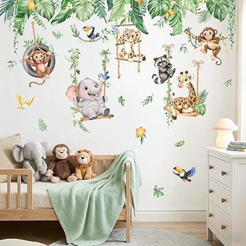 Jungle Animals Swing Wall Decals - Safari Nursery Decor Baby Monkey Elephant Giraffe Cub Tropical Leaves Wall Stickers for Kids Toddlers Baby Nursery Room Decor