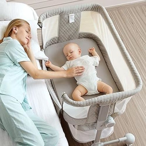 SUNVENO Portable Baby Bassinet Bedside Sleeper for Newborns, Foldable Travel Crib with Breathable Mesh & Firm Mattress, Adjustable Height, Easy Carry for Bedroom & On-the-Go