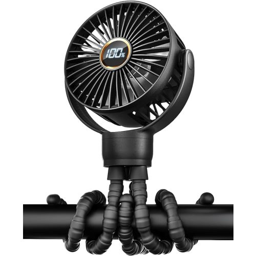 Portable Stroller Fan, Mini Baby Fan Clip on Fan, LED Display, 360° Rotate Flexible Tripod, Rechargeable Small Personal Handheld Fan Cooling Desk Fan for Car Seat Crib Treadmill Travel