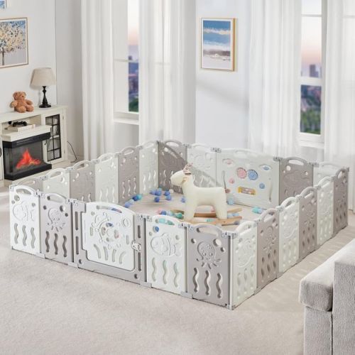 AMERLIFE Baby Playpen, Upgraded Portable Foldable Baby Fence with Game Panel and Safety Gate