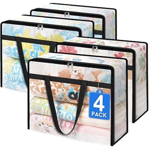 TasticTotes 4 Pack Clear Storage Bags for Comforter, Clothes & Bedding, Plastic Blanket Storage with Zipper and Handle, Moving Bags, Closet Organizer and Under-Bed Storage (40L)