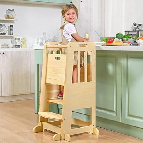 WINGYZ Toddler Tower – Adjustable Step Stool Helper for Kids 18M–6Y, Kitchen Learning Stool with Safety Rail, 3-Height Adjustable, Sliding Door, Full Support Foot, Wooden Updated Design, Natural Wood