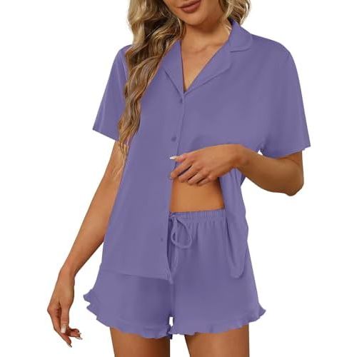 Ekouaer Pajamas Set for Women Short Sleeve Sleepwear Button Down Pjs Lounge Sets Soft Nightwear