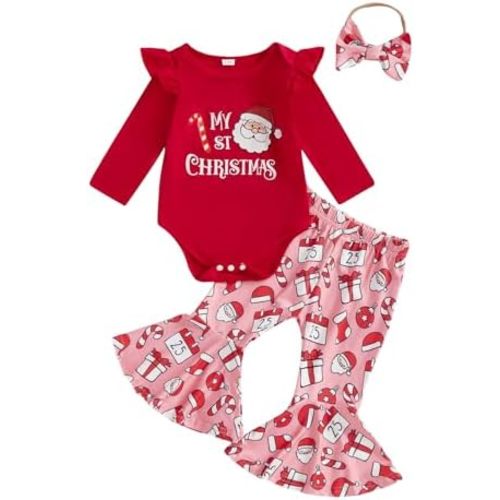 Newborn Baby Girl Christmas Outfit Gingerbread/Santa Print Long Sleeve Romper Flared Pants Set Cute Winter Clothes