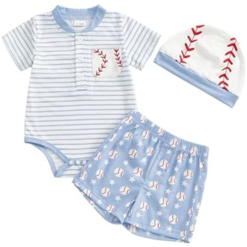 Newborn Baby Boy Baseball Outfit Striped Romper Baseball Shorts Set Hat 3Pcs Infant Sports Summer Clothes