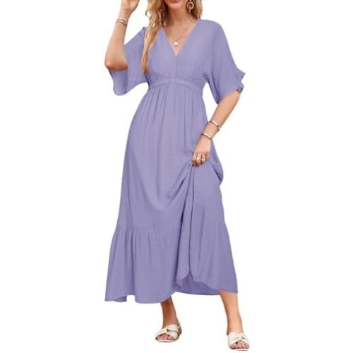 STYLEWORD Women's 2026 Summer Maternity Dress Short Sleeve V Neck Tiered Boho Flowy Long Maxi Dress