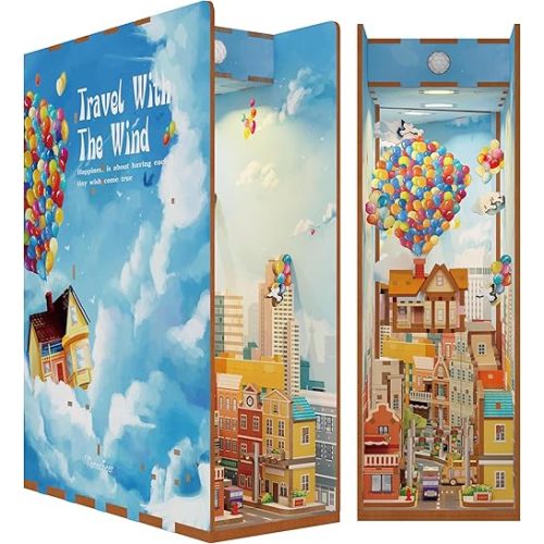 Tonecheer DIY Book Nook Kit for Adults,3D Wooden Puzzle Bookend Bookshelf Insert Library Decor, Booknook Miniature House Kit with Body Motion Sensor LED Light (Travel with The Wind)