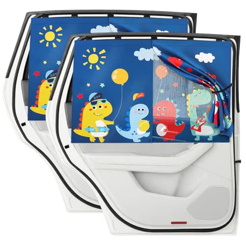 EZTIME Car Window Shade for Baby, 2 Pack Magnetic Double Layer Cute Dinosaurs Car Sun Shade Side Window, Adjustable Privacy Blackout/See-Through Window Curtains for Baby Kids UV Protection