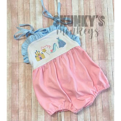 Pink and blue princess sunsuit, monogrammed castle bubble, personalized romper, girls first birthday, baby outfit, Dress castle wand shoe