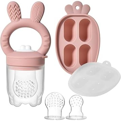 Bunny Food Freezer Tray and Fruit Feeder Combo, Breastmilk Popsicle Molds for Baby Cooling Relief, BPA Free Silicone Teether for Newborn Babies (Pink)