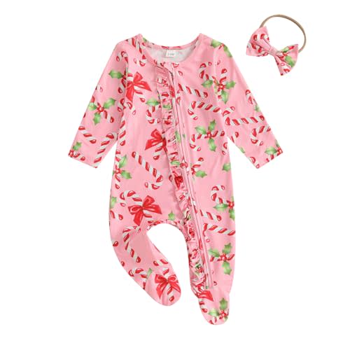 BemeyourBBs Newborn Baby Girl Clothes Ruffle Baby Sleeper Zipper Footie Romper Playsuit with Headband Outfit