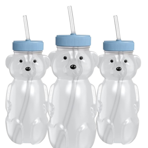 Honey Bear Straw Cup for Babies, 8-oz Honey Bear Cup with Lid, 3-Pack Therapy Learning Honeybear Straw, Baby Bottle Set, Blueberry Pie BLUE