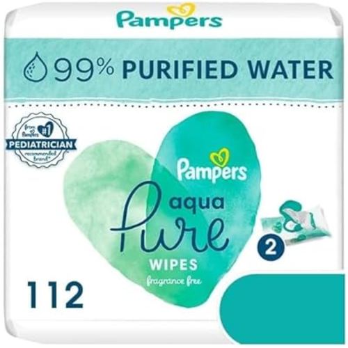 Aqua Pure Baby Wipes Unscented, 99% Pure Water, 2 Pack 112 Total Count, Skin-Loving, Unscented, 0% Alcohol, Fragrance, Parabens, And Latex