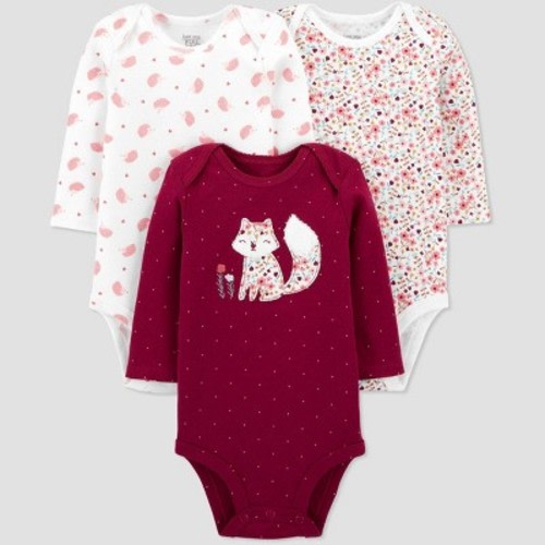 Baby Girls' 3pk Floral Long Sleeve Bodysuit - Just One You® made by carter's Burgundy, Size: 3M