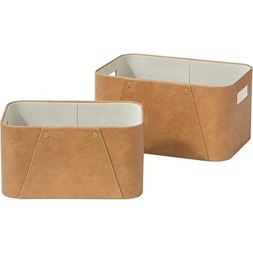 LA JOLIE MUSE Storage Baskets for Organizing, 2 Pack, Storage Cube Boxes Luxury Brown Vegan Leather for Closet Shelf Cabinet Bookcase Camel