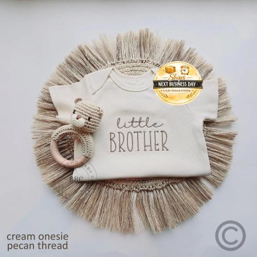 Embroidered  Little Brother Onesie® brand. Pregnancy Baby Announcement to Husband, Family, Baby Bodysuit, Natural Baby Onesie® Siblings 818