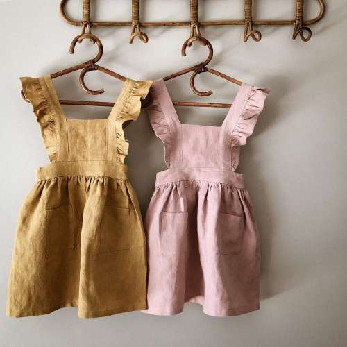 100% Linen Girls Pinafore Pinny Dress Mustard , Dusty Pink, Green and Orange for Toddler/Children/Kids in Size 1-2Y to 7-9Y