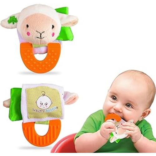 Wristy Buddy Teething Ring for Babies 0-6 8 10 12 Months | Cute Soft Lamb Animal Teething Toys & Gloves | Baby Teething Relief Toy Pack | Infant Chew Toys for 3-6 Months, 1 2 3 Years