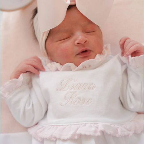White with Baby Pink Ruffle Personalized Baby Gown – Caprilina