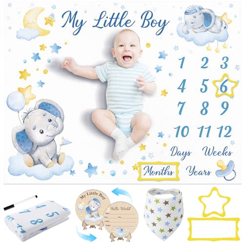 Fingertip WD Baby Milestone Blanket for Baby Boy Girl, Elephant Baby Monthly Milestone Blanket Baby Growth Blanket Newborn Photography Background with Wooden Signs, Frames, Bandana