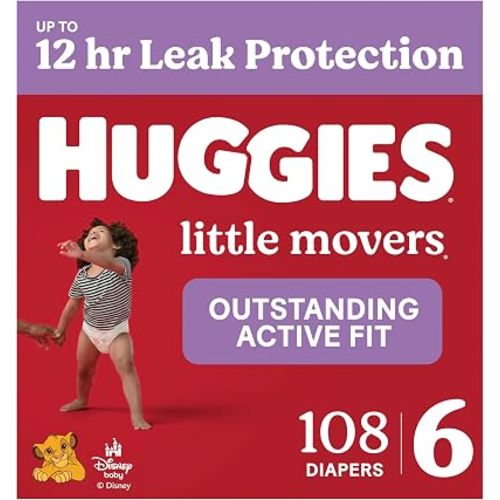 Huggies Size 6 Diapers, Little Movers Baby Diapers, Size 6 (35+ lbs), 108 Count (2 Packs of 54), Packaging May Vary