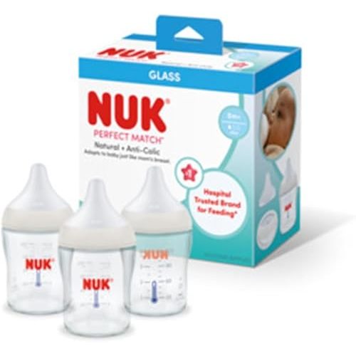 NUK Perfect Match Glass Natural + Anti-Colic Bottle, 8 oz. Glass Baby Bottles with SafeTemp Temperature Indicator, Newborn Essentials, 3-Pack