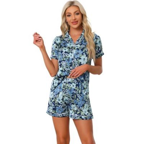 cheibear Women's Satin Short Sleeves Button Down Shirt with Shorts Pajamas Sets Gift for Mother's Day Small Blue-White