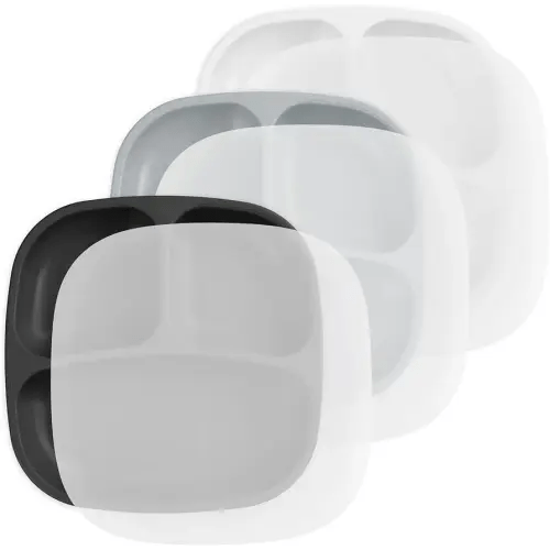 Re-Play Made in USA 7" Deep Walled Divided Plates for Kids, Set of 3 With 3 Lids - Reusable 3 Compartment Plates, Dishwasher and Microwave Safe - 7.37" x 7.37" x 1.25", Monochrome