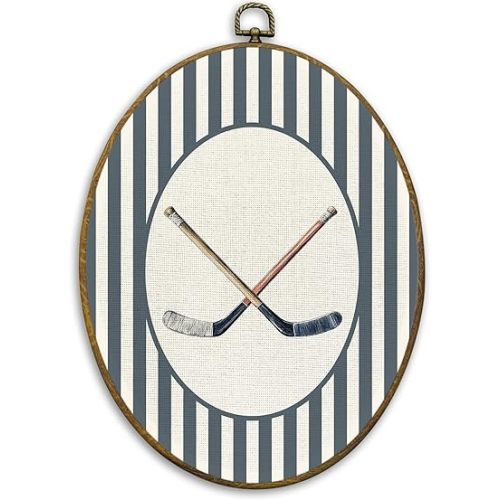 CUANFDDSF Vintage Hockey Nursery Oval Wall Art Decor, Sports Wall Hanging Decor, Blue Striped Hockey Sticks Sport Framed Canvas Prints for Kids Boy Nursery Room Playroom Bedroom, 8.6x11.4 Inch