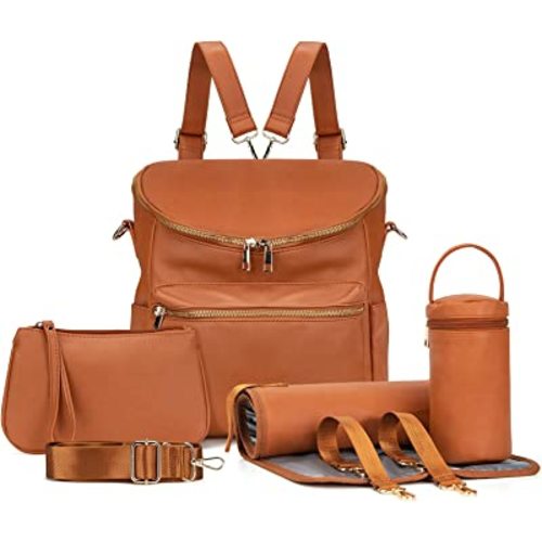 Minsong Diaper Bag Backpack,Fashion Leather Mommy Backpacks,Travel Toddler Baby Diaper Bags with in Bag Organizer and Changing Pad (Brown)