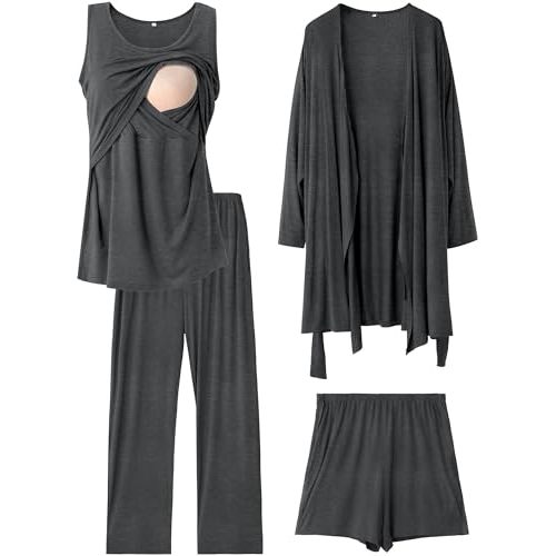 Rnxrbb 4 PCS Year-Round Nursing Pajamas Robe Set Postpartum Pajama Gown Breastfeeding Pj for Hospital Labor Delivery Clothes